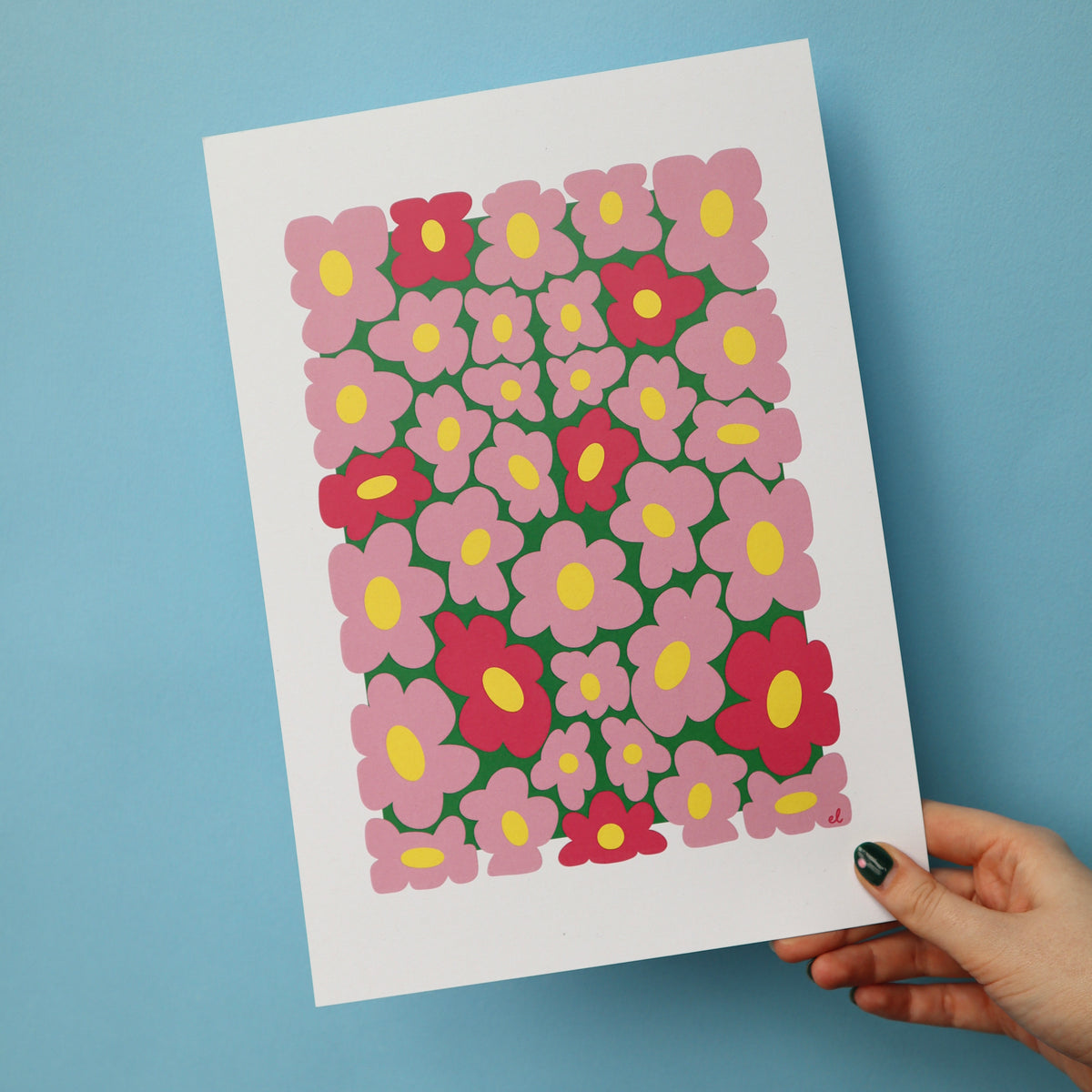A printed artwork featuring a whimsical pattern of wobbly pink daisies on a blue background