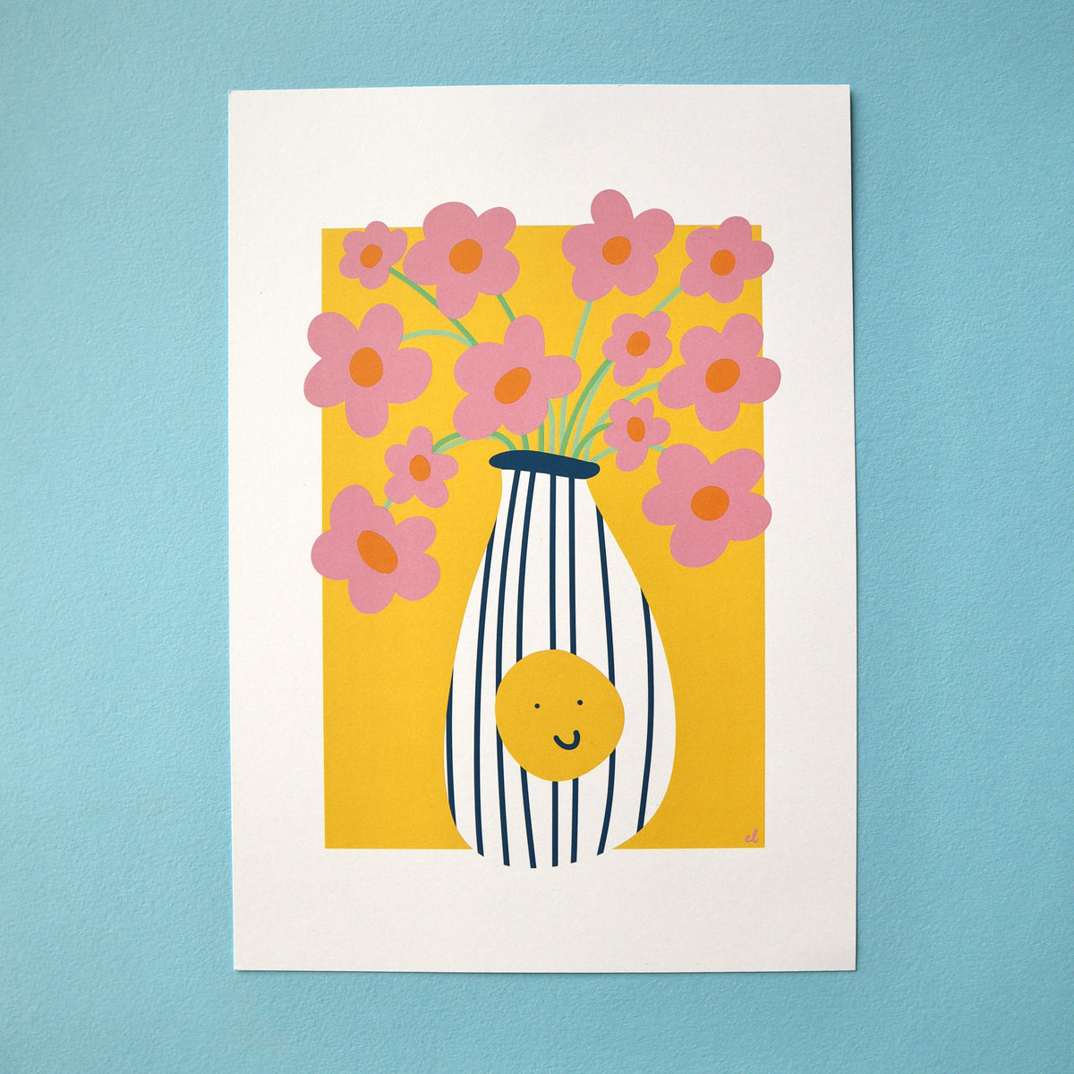 A colourful artwork depicting a vase with a smiley face full of pink daisies, on a blue background